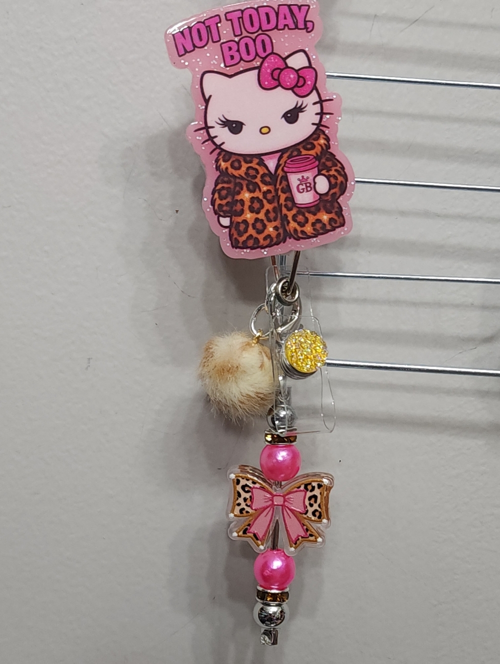 Not Today Boo Badge Reel Cat Animal Print ID Holder Alligator Clip Bow Pom Pom